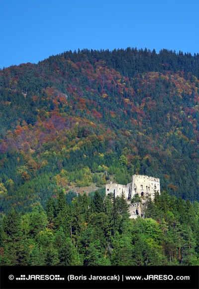 Ruiny hradu Likava v hustém lese na Slovensku