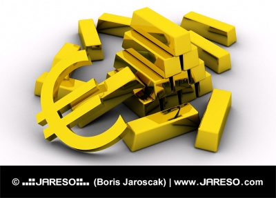 Koncept zlatých cihel spolu se zlatým symbolem eura